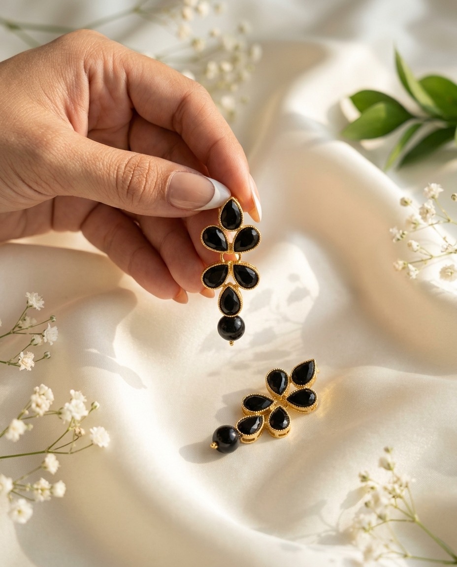Black Stone Floral Drop Earrings